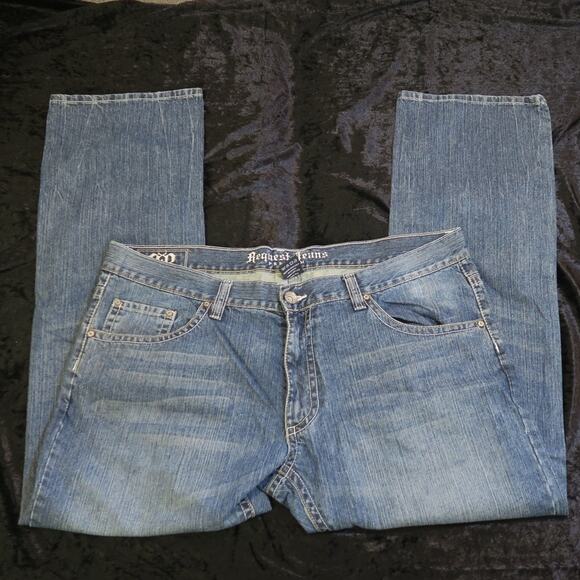 Mens Request Denim Jeans Embroidered 40x32 Leather Detail Back Patch Straight - Picture 6 of 14